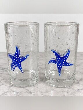 Home Studio Shoreline Starfish Bubble Glass  Large Glasses Set of 2 Coastal Blue